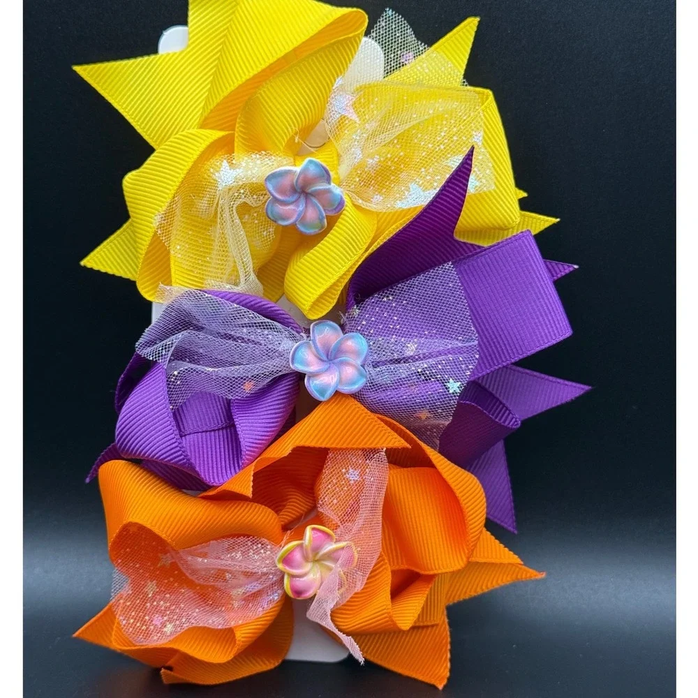 Girls 3 Pack Large Grosgrain Ribbon‎ Hair Bows Yellow Purple Orange Flower Star